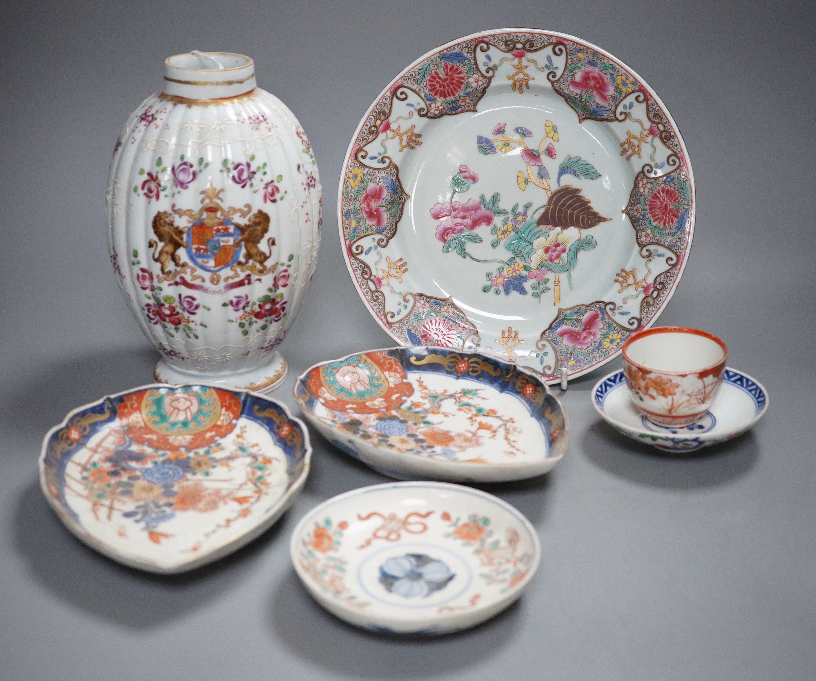 A Samson ovoid armorial jar, a Samson plate, a pair of Imari leaf dishes and three other Chinese/Japanese items